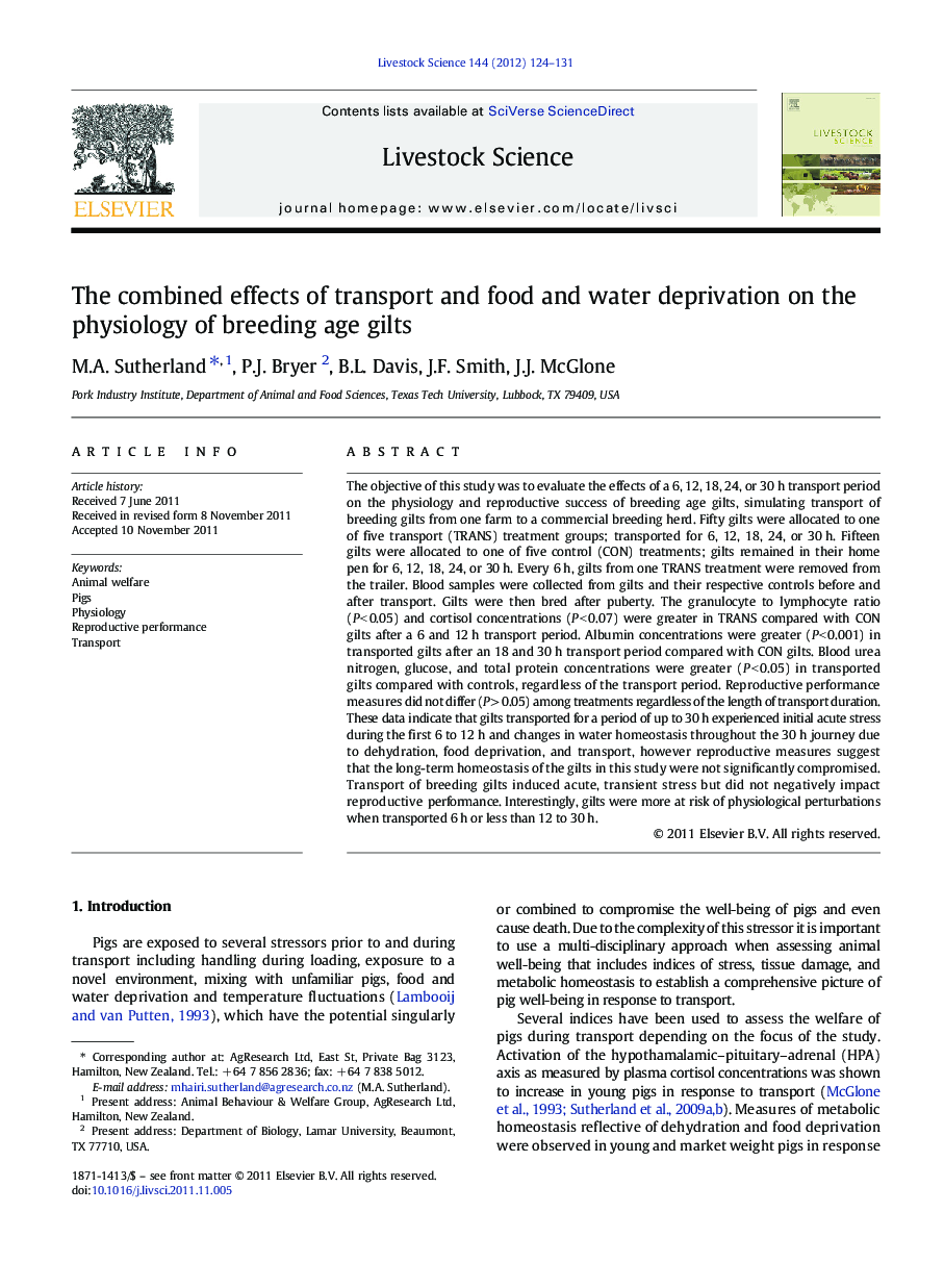 The combined effects of transport and food and water deprivation on the physiology of breeding age gilts