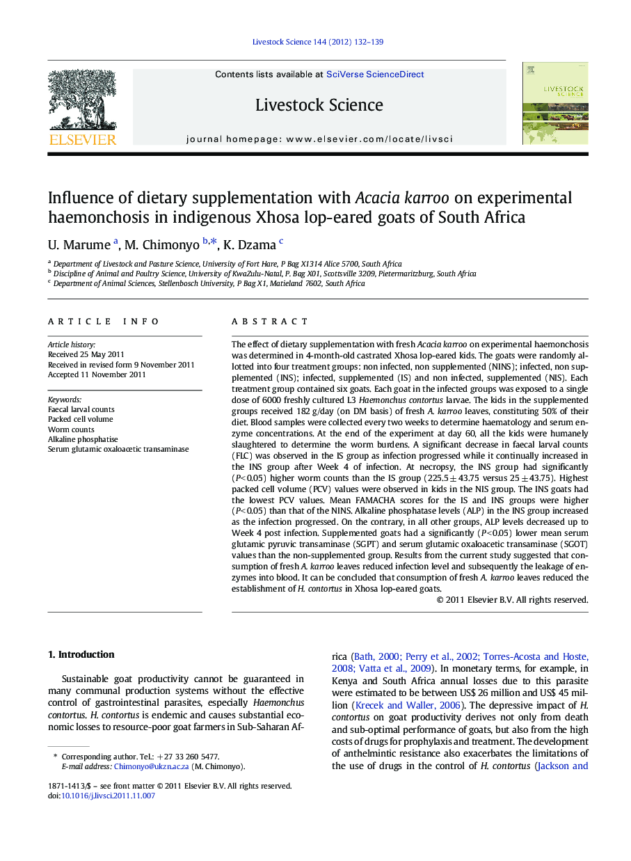 Influence of dietary supplementation with Acacia karroo on experimental haemonchosis in indigenous Xhosa lop-eared goats of South Africa