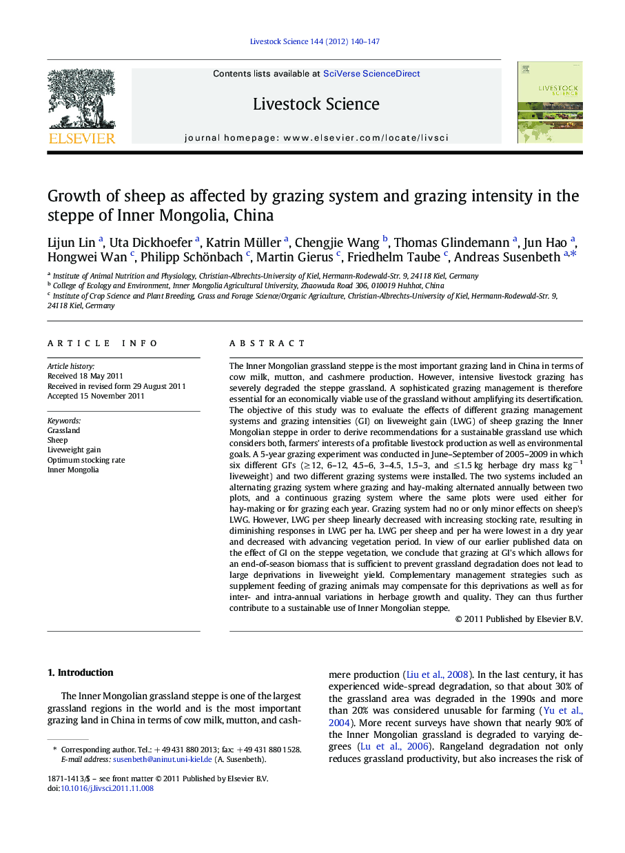 Growth of sheep as affected by grazing system and grazing intensity in the steppe of Inner Mongolia, China