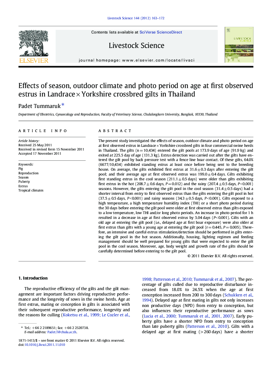 Effects of season, outdoor climate and photo period on age at first observed estrus in LandraceÂ ÃÂ Yorkshire crossbred gilts in Thailand