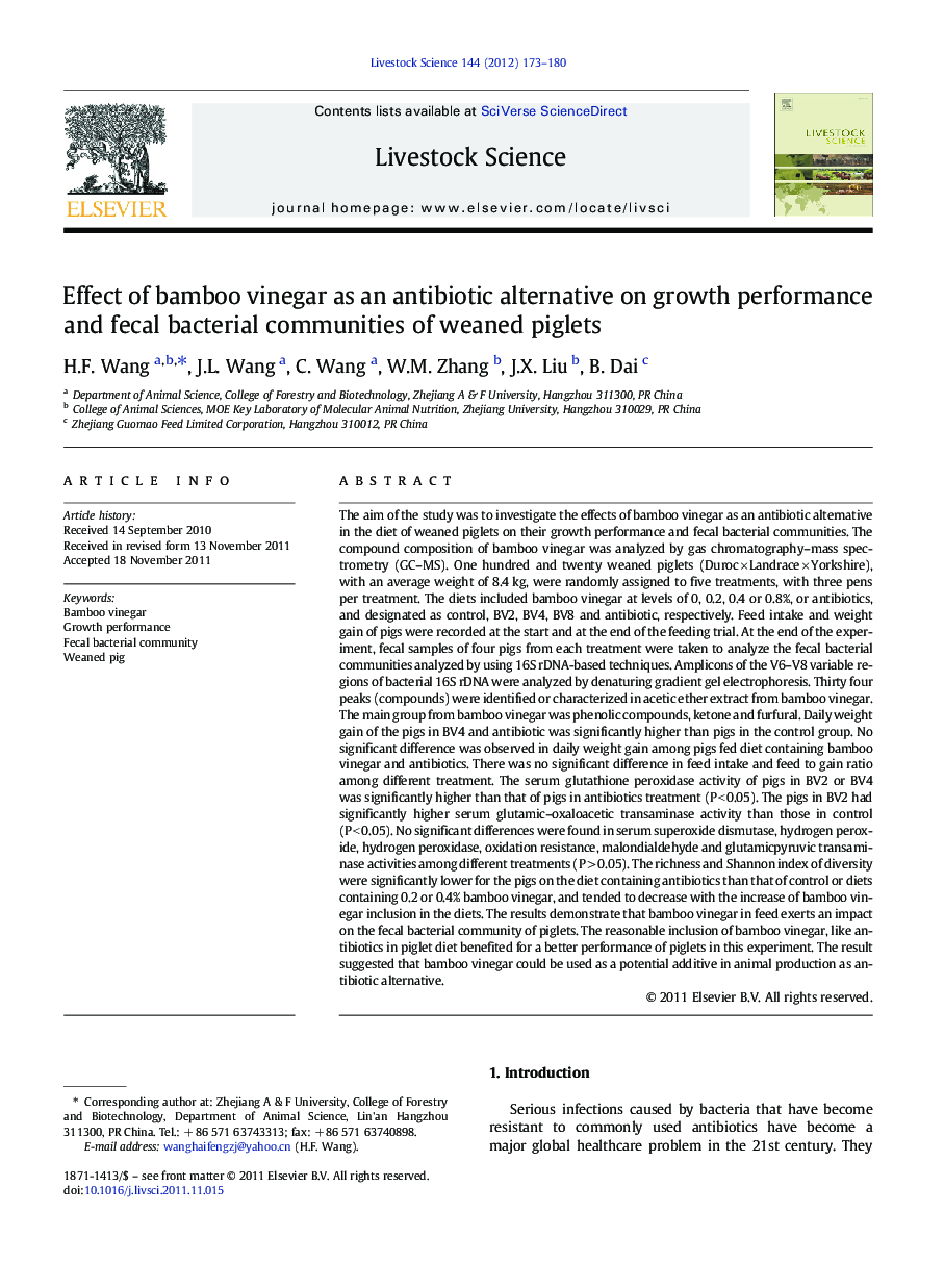 Effect of bamboo vinegar as an antibiotic alternative on growth performance and fecal bacterial communities of weaned piglets