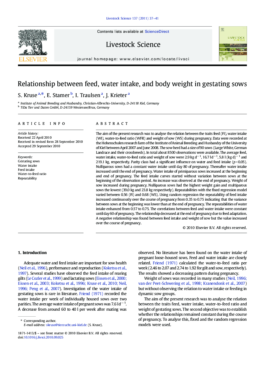 Relationship between feed, water intake, and body weight in gestating sows