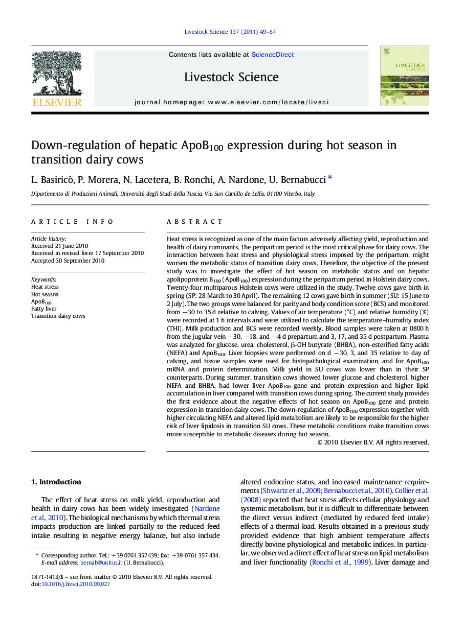 Down-regulation of hepatic ApoB100 expression during hot season in transition dairy cows