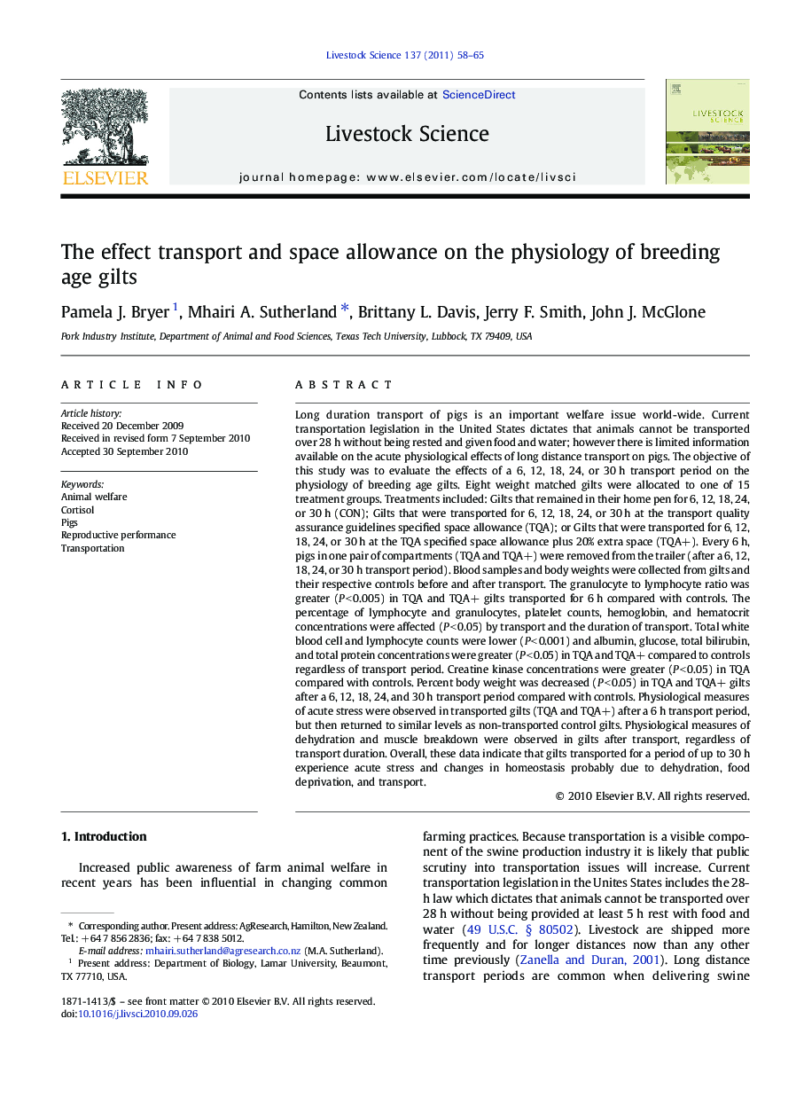 The effect transport and space allowance on the physiology of breeding age gilts