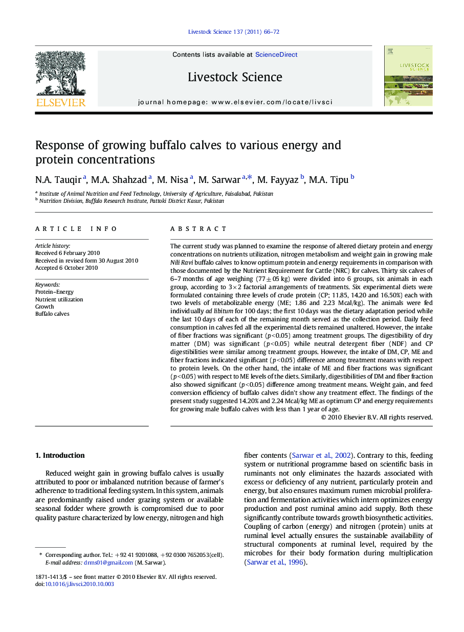 Response of growing buffalo calves to various energy and protein concentrations