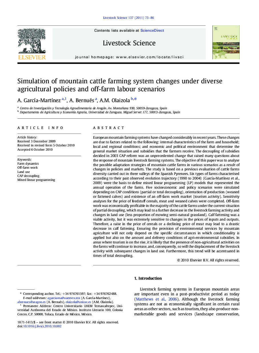 Simulation of mountain cattle farming system changes under diverse agricultural policies and off-farm labour scenarios