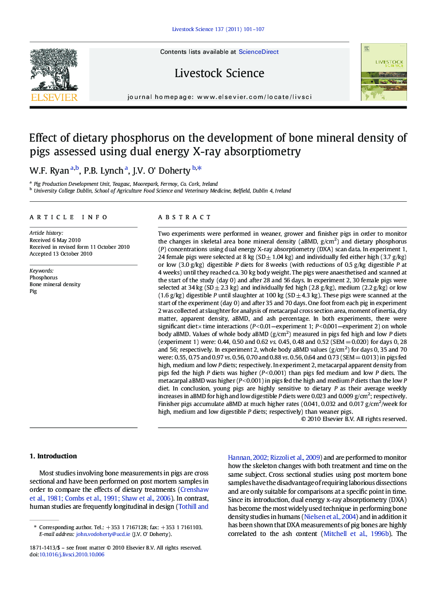 Effect of dietary phosphorus on the development of bone mineral density of pigs assessed using dual energy X-ray absorptiometry