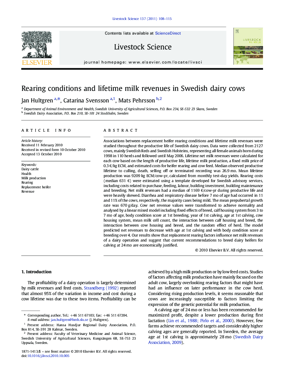 Rearing conditions and lifetime milk revenues in Swedish dairy cows