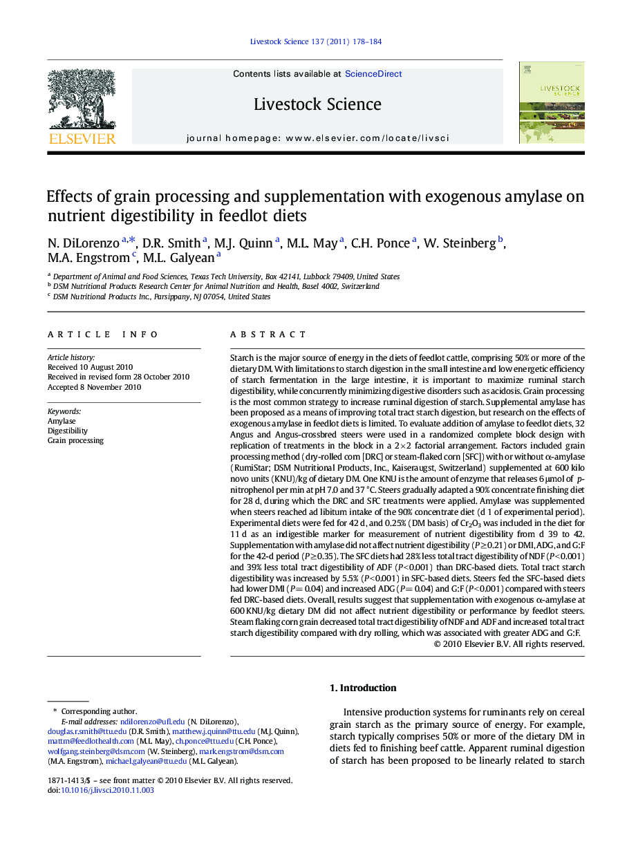 Effects of grain processing and supplementation with exogenous amylase on nutrient digestibility in feedlot diets
