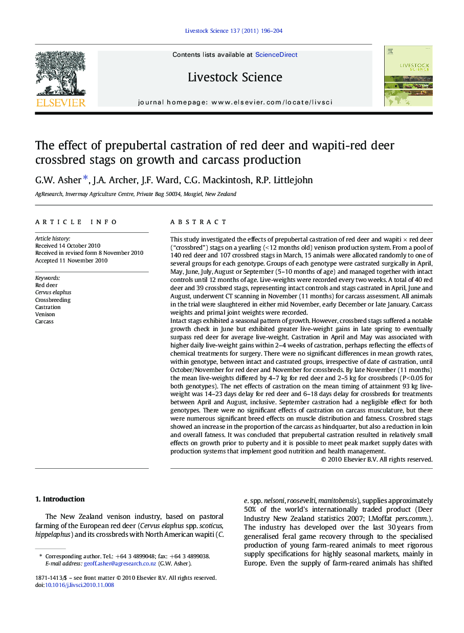 The effect of prepubertal castration of red deer and wapiti-red deer crossbred stags on growth and carcass production