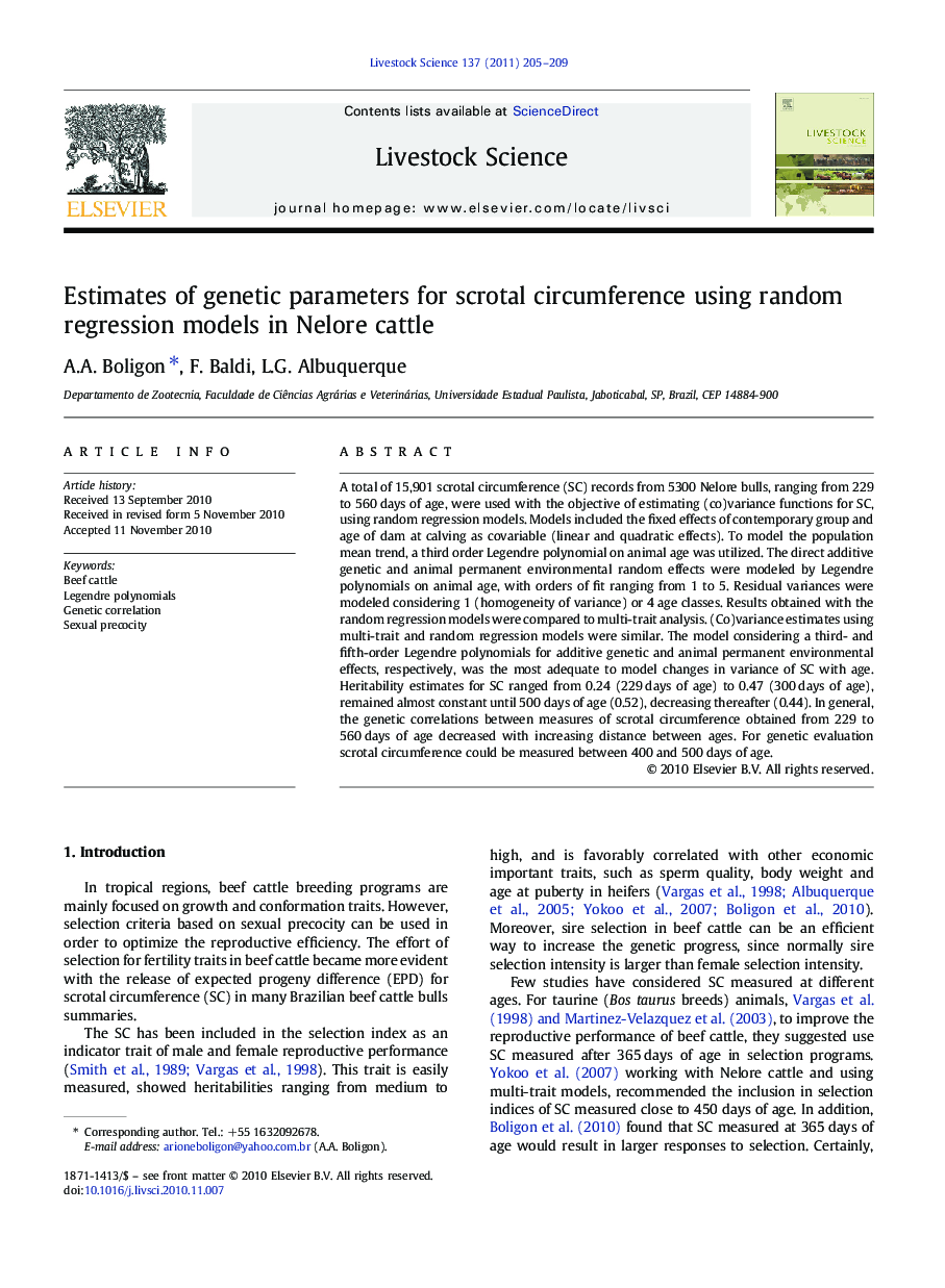 Estimates of genetic parameters for scrotal circumference using random regression models in Nelore cattle