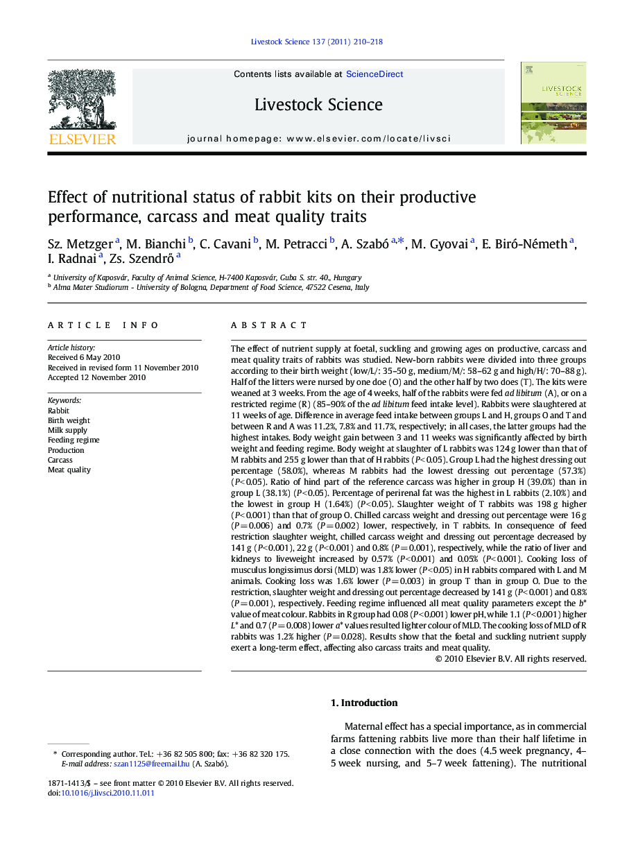 Effect of nutritional status of rabbit kits on their productive performance, carcass and meat quality traits