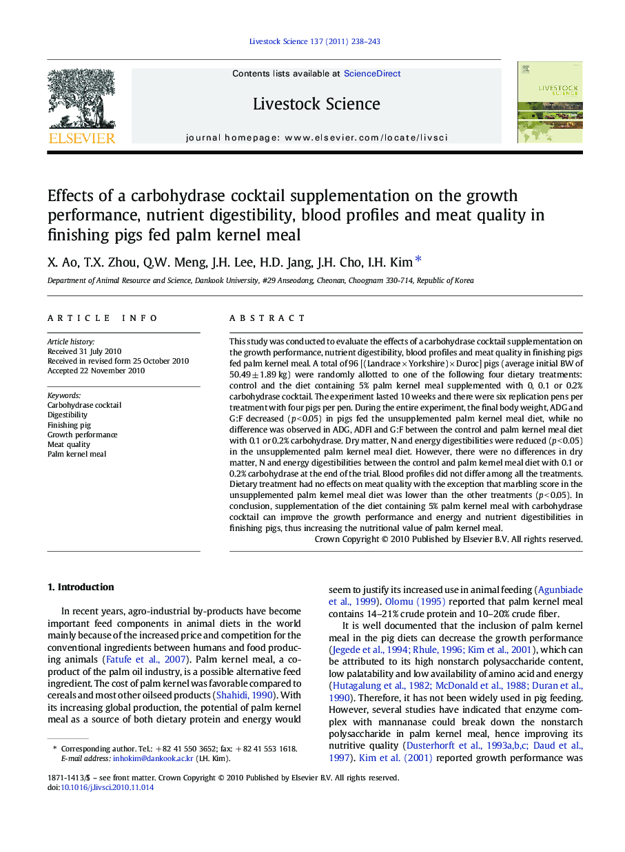 Effects of a carbohydrase cocktail supplementation on the growth performance, nutrient digestibility, blood profiles and meat quality in finishing pigs fed palm kernel meal