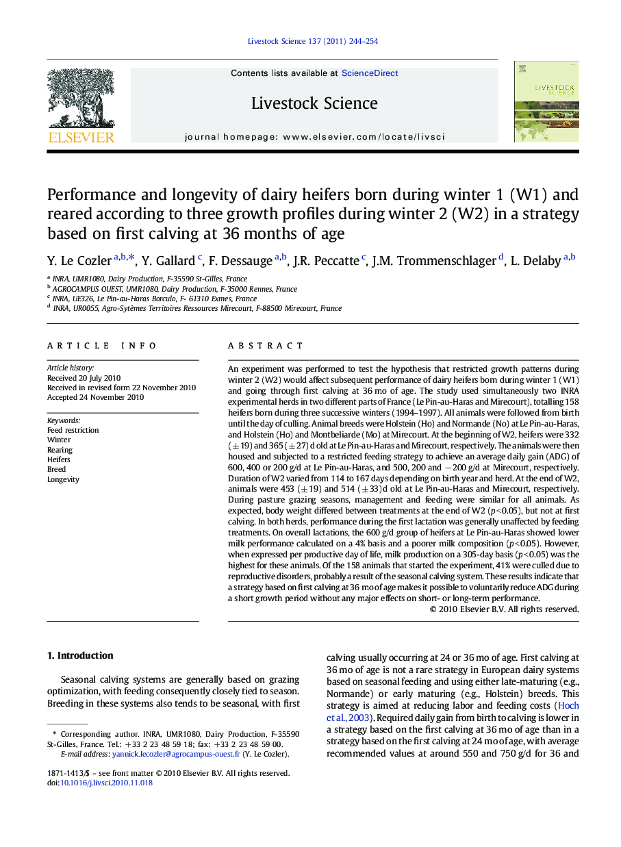 Performance and longevity of dairy heifers born during winter 1 (W1) and reared according to three growth profiles during winter 2 (W2) in a strategy based on first calving at 36Â months of age