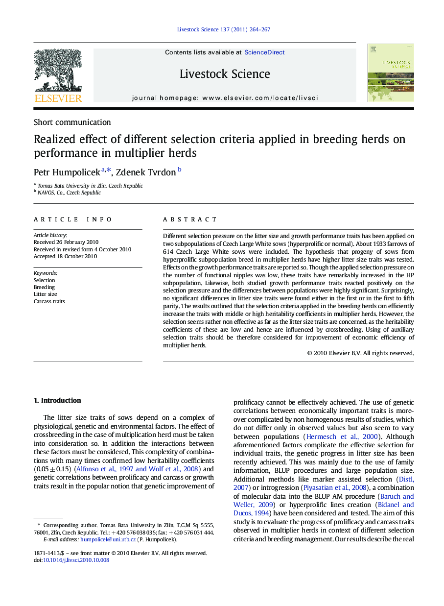 Realized effect of different selection criteria applied in breeding herds on performance in multiplier herds