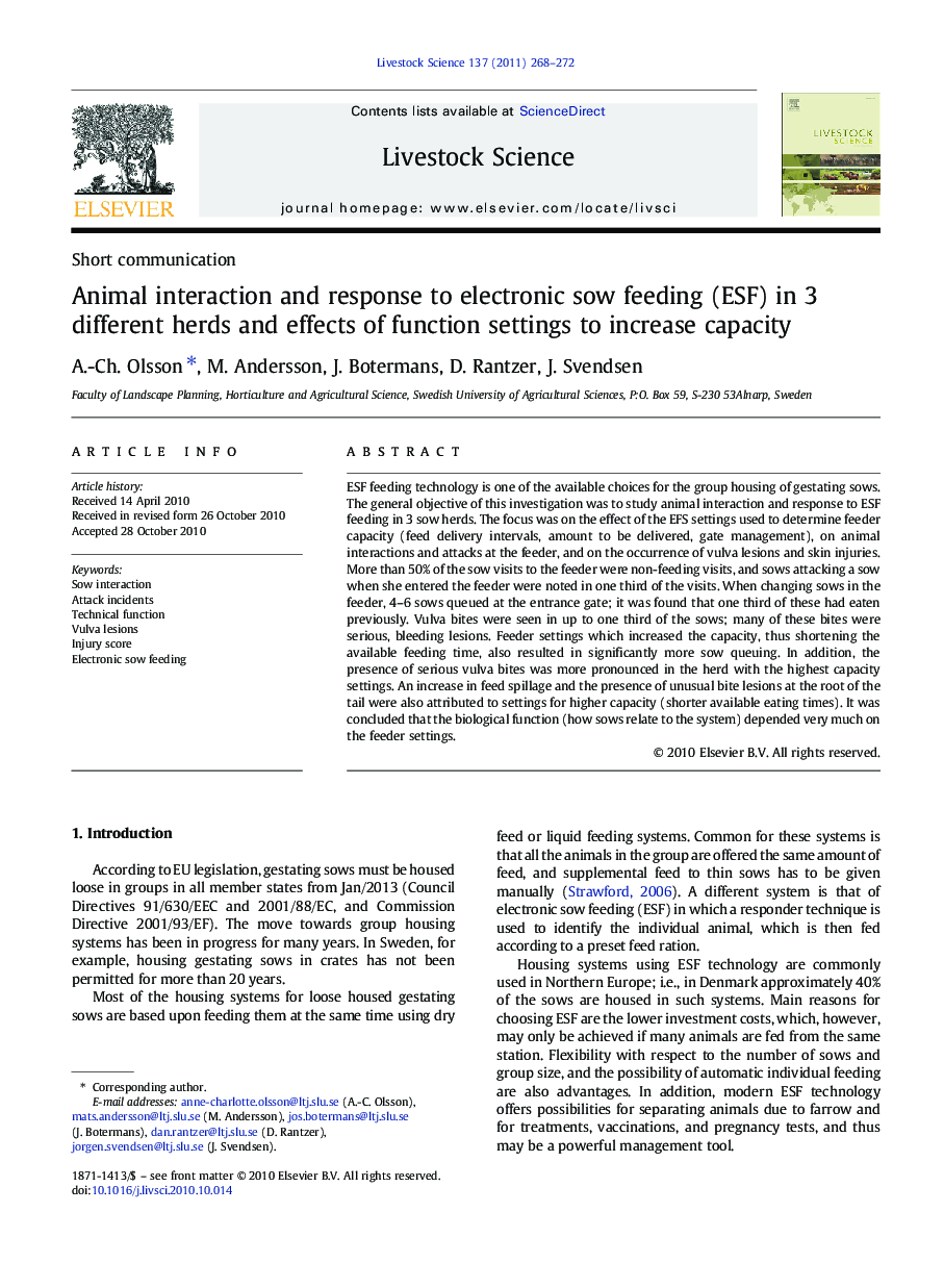 Animal interaction and response to electronic sow feeding (ESF) in 3 different herds and effects of function settings to increase capacity