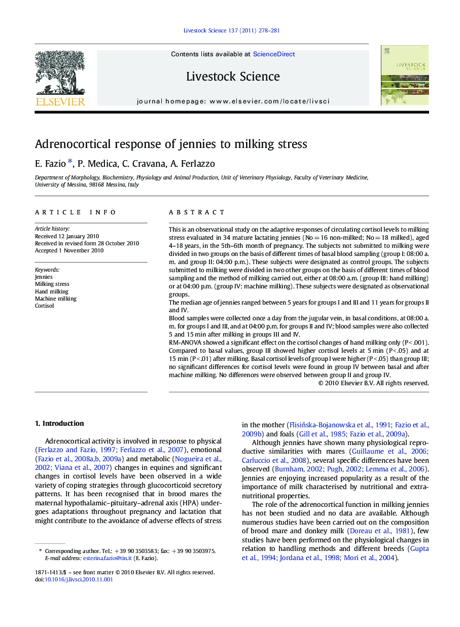 Adrenocortical response of jennies to milking stress