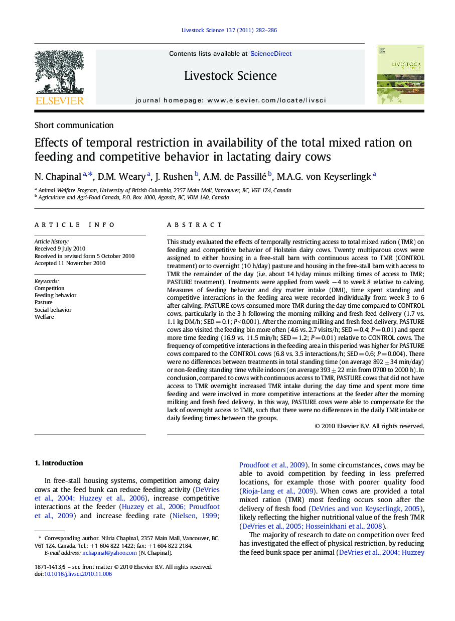 Effects of temporal restriction in availability of the total mixed ration on feeding and competitive behavior in lactating dairy cows