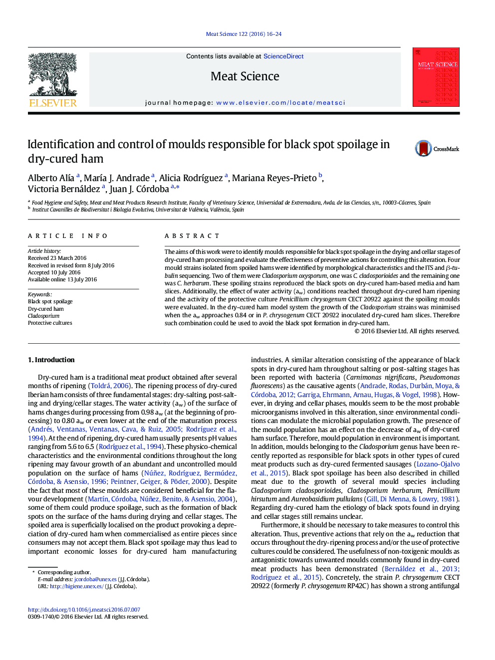 Identification and control of moulds responsible for black spot spoilage in dry-cured ham