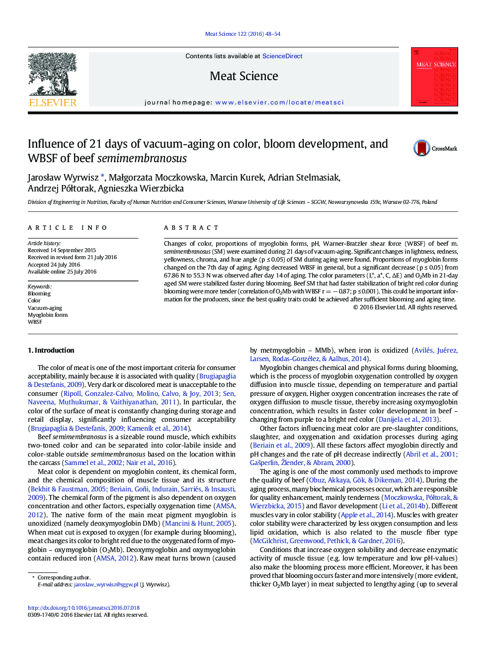 Influence of 21Â days of vacuum-aging on color, bloom development, and WBSF of beef semimembranosus