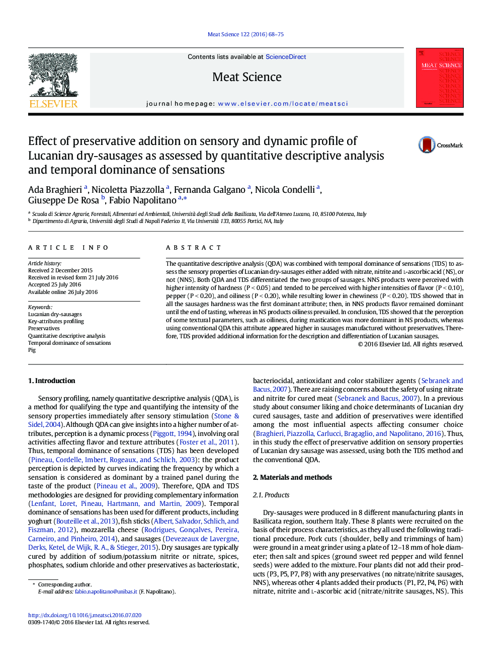 Effect of preservative addition on sensory and dynamic profile of Lucanian dry-sausages as assessed by quantitative descriptive analysis and temporal dominance of sensations