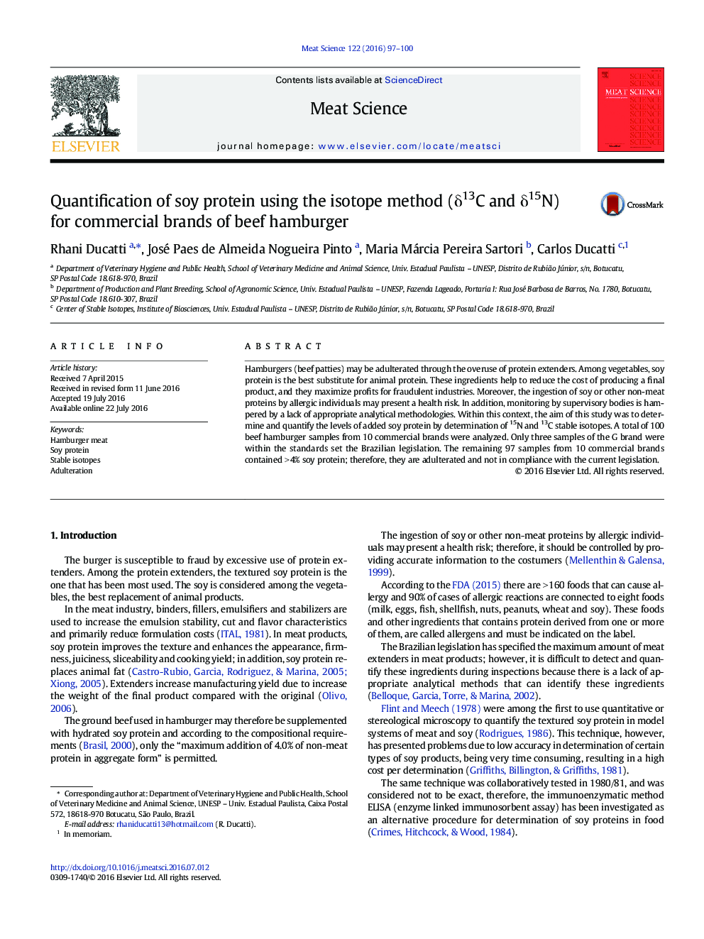 Quantification of soy protein using the isotope method (Î´13C and Î´15N) for commercial brands of beef hamburger