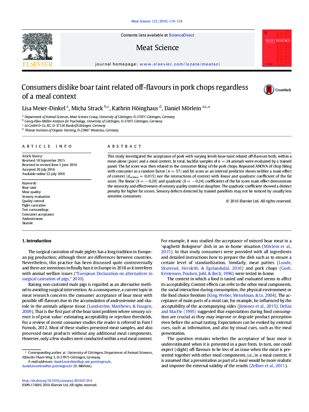 Consumers dislike boar taint related off-flavours in pork chops regardless of a meal context