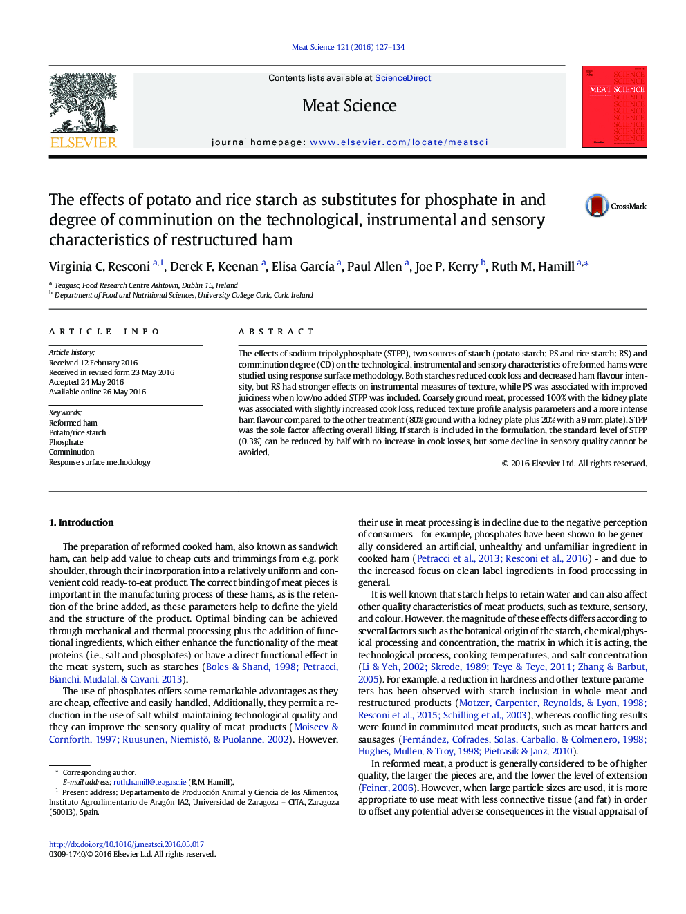 The effects of potato and rice starch as substitutes for phosphate in and degree of comminution on the technological, instrumental and sensory characteristics of restructured ham