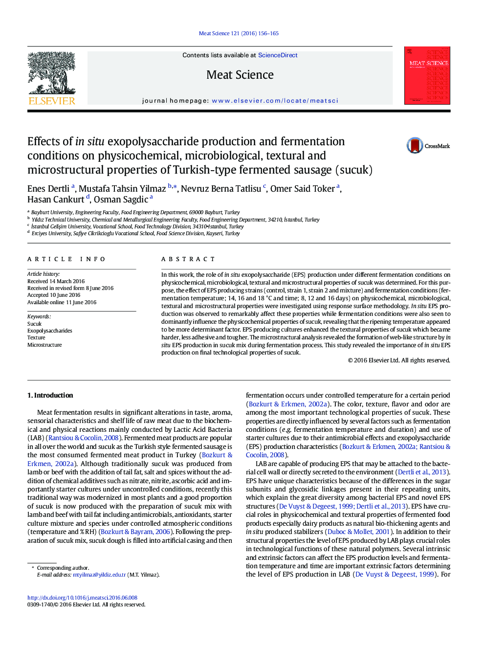 Effects of in situ exopolysaccharide production and fermentation conditions on physicochemical, microbiological, textural and microstructural properties of Turkish-type fermented sausage (sucuk)