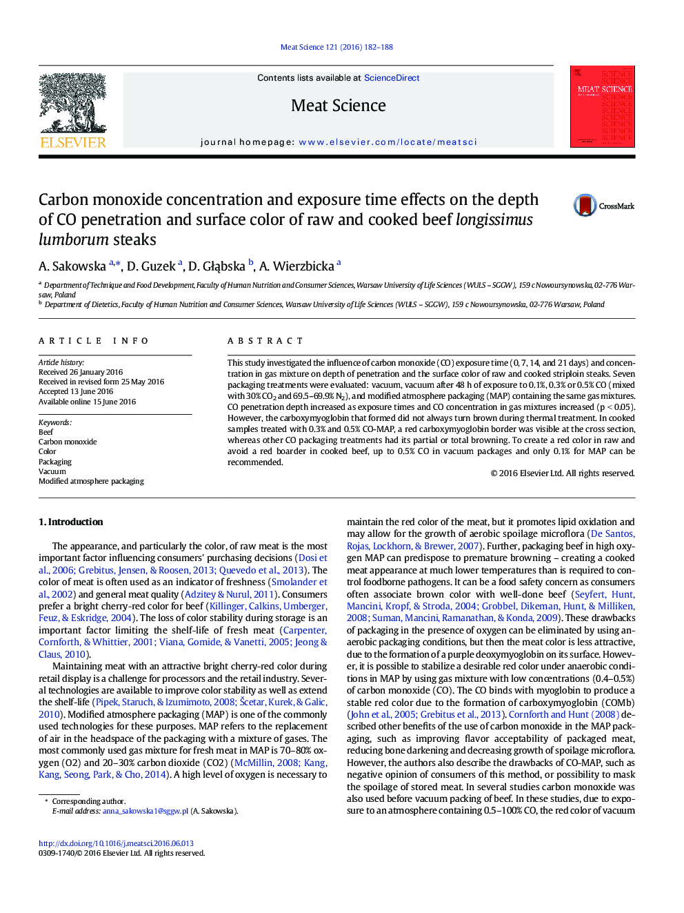 Carbon monoxide concentration and exposure time effects on the depth of CO penetration and surface color of raw and cooked beef longissimus lumborum steaks