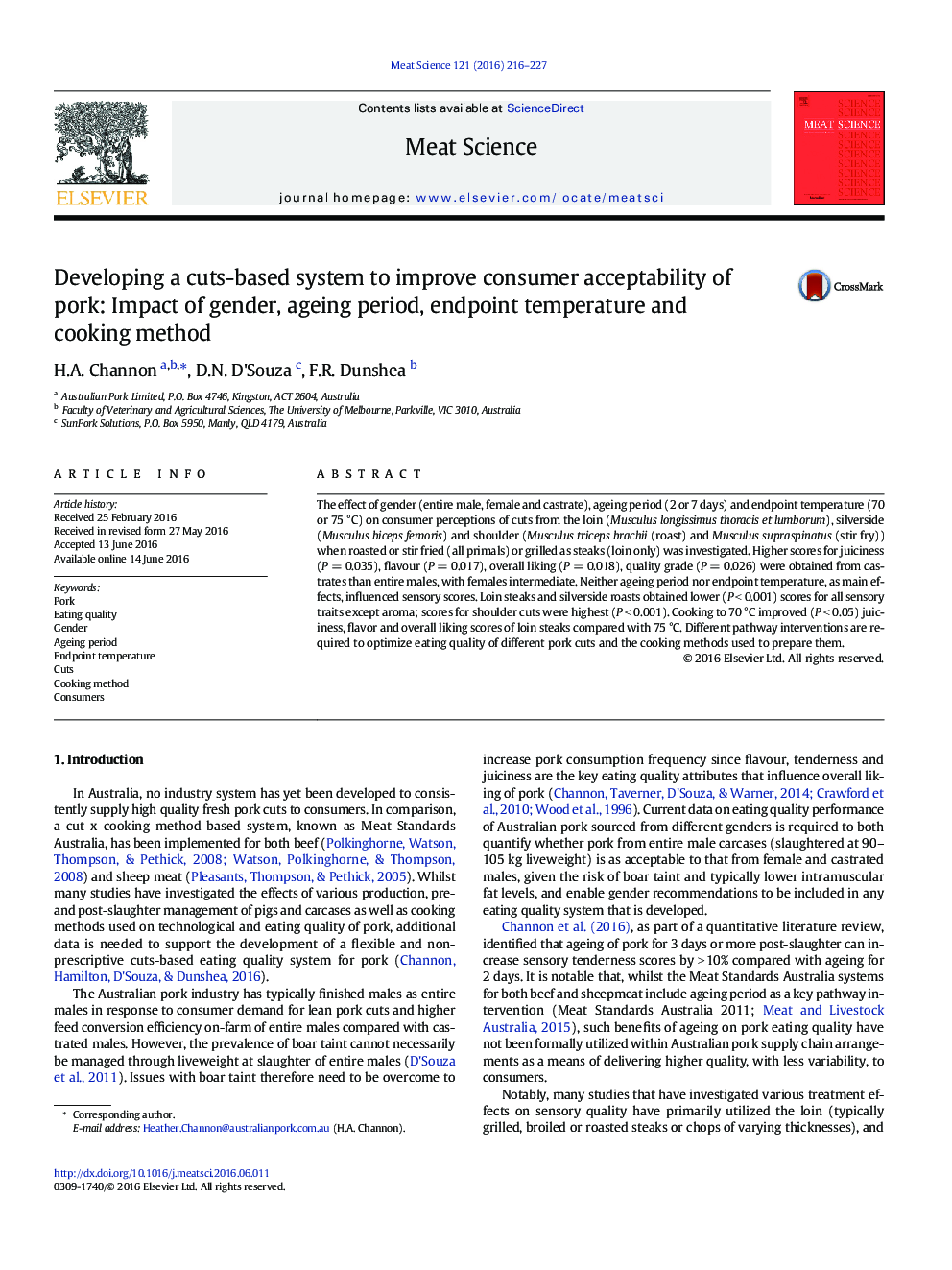 Developing a cuts-based system to improve consumer acceptability of pork: Impact of gender, ageing period, endpoint temperature and cooking method