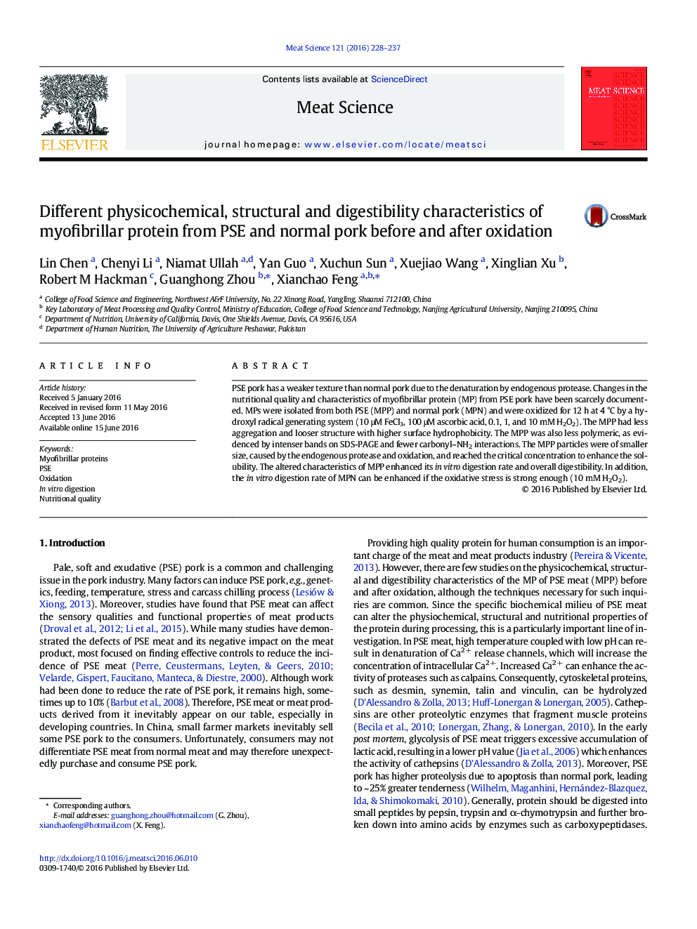 Different physicochemical, structural and digestibility characteristics of myofibrillar protein from PSE and normal pork before and after oxidation