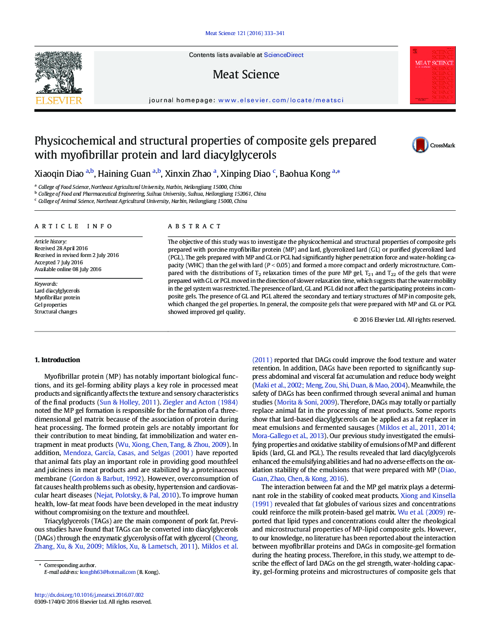 Physicochemical and structural properties of composite gels prepared with myofibrillar protein and lard diacylglycerols