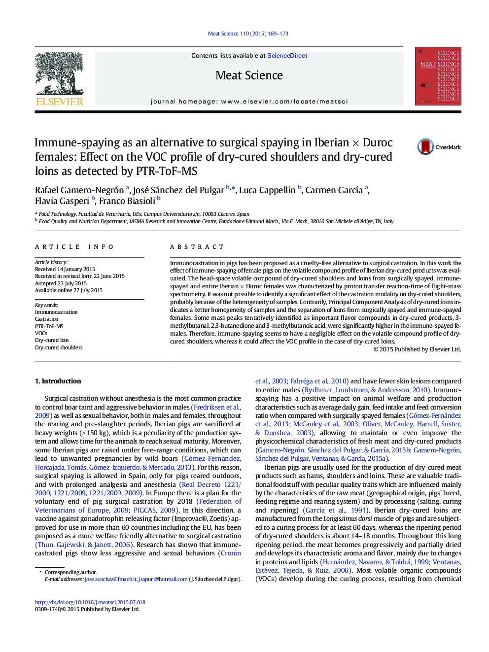 Immune-spaying as an alternative to surgical spaying in Iberian Ã Duroc females: Effect on the VOC profile of dry-cured shoulders and dry-cured loins as detected by PTR-ToF-MS