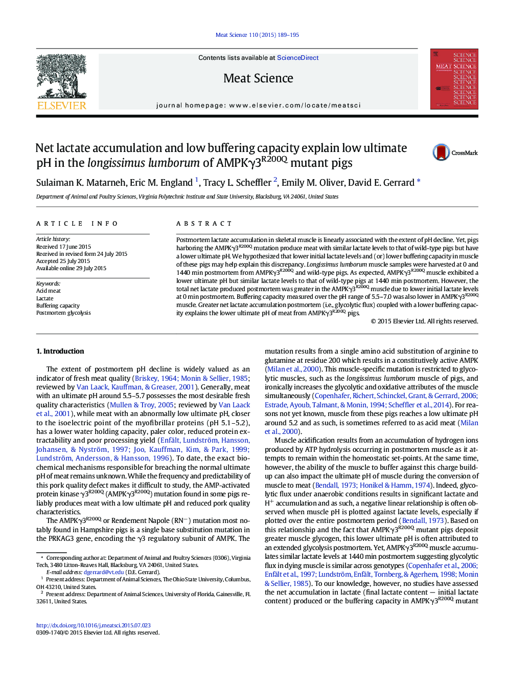 Net lactate accumulation and low buffering capacity explain low ultimate pH in the longissimus lumborum of AMPKÎ³3R200Q mutant pigs