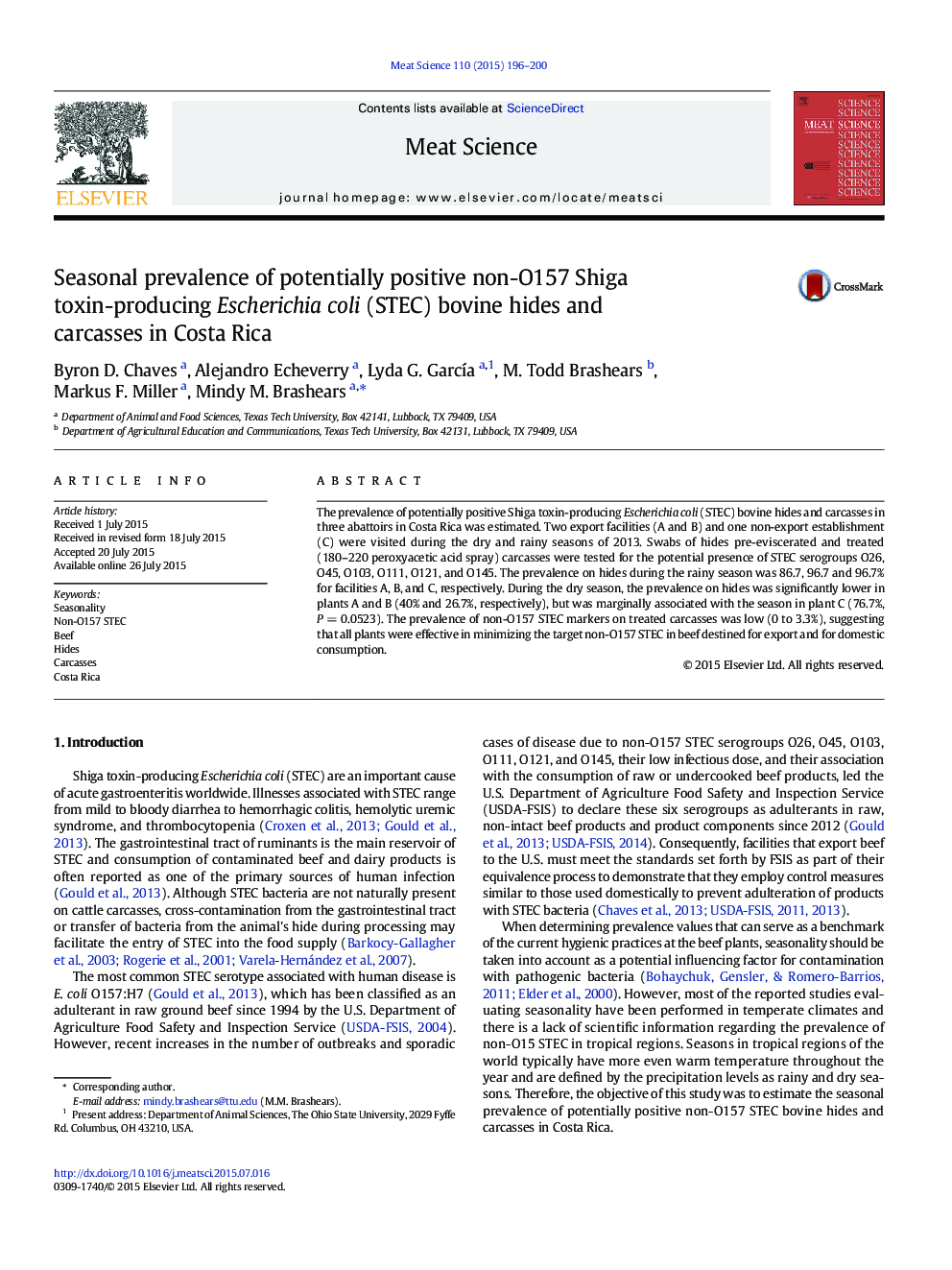 Seasonal prevalence of potentially positive non-O157 Shiga toxin-producing Escherichia coli (STEC) bovine hides and carcasses in Costa Rica