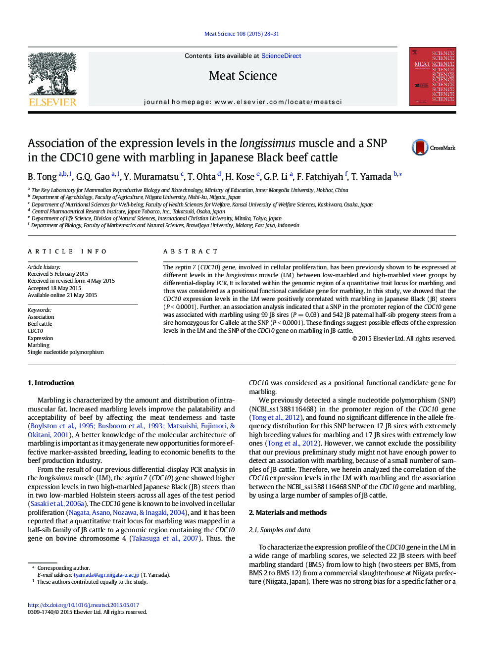 Association of the expression levels in the longissimus muscle and a SNP in the CDC10 gene with marbling in Japanese Black beef cattle