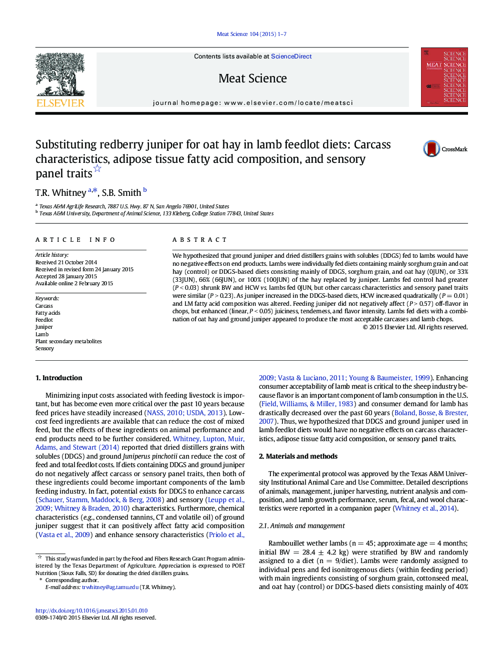 Substituting redberry juniper for oat hay in lamb feedlot diets: Carcass characteristics, adipose tissue fatty acid composition, and sensory panel traits