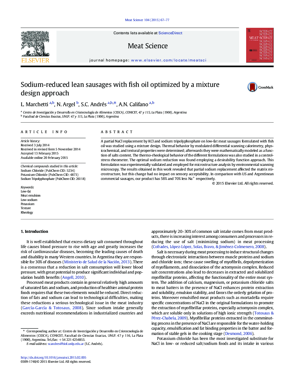 Sodium-reduced lean sausages with fish oil optimized by a mixture design approach