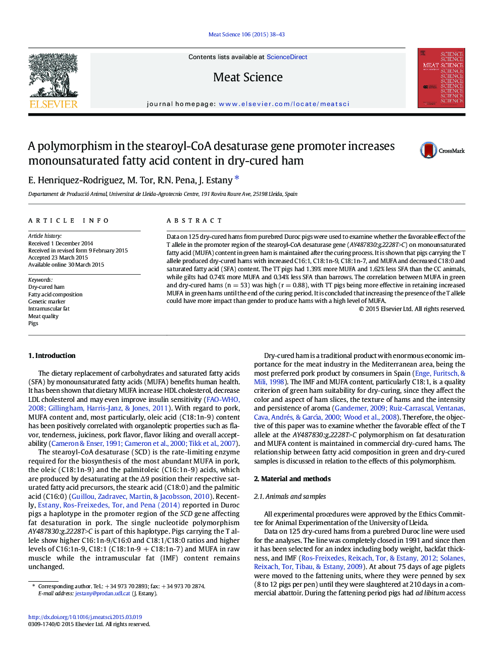 A polymorphism in the stearoyl-CoA desaturase gene promoter increases monounsaturated fatty acid content in dry-cured ham