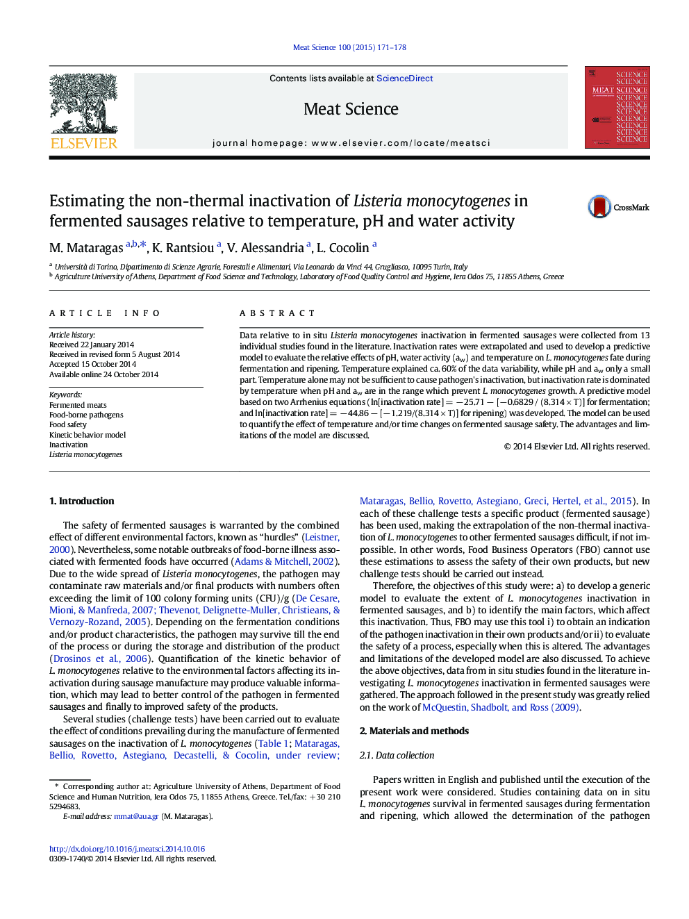 Estimating the non-thermal inactivation of Listeria monocytogenes in fermented sausages relative to temperature, pH and water activity