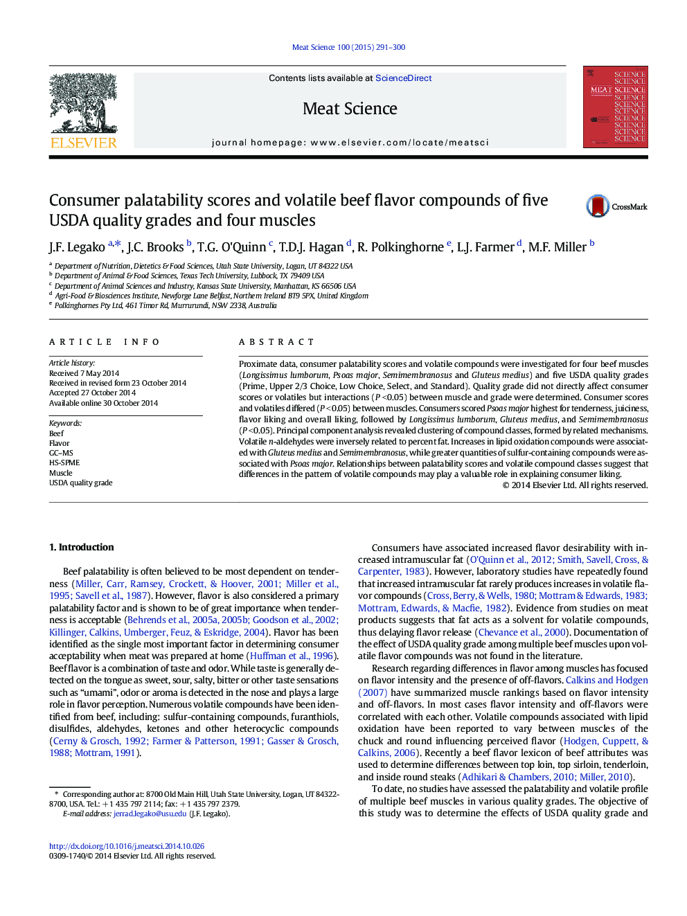 Consumer palatability scores and volatile beef flavor compounds of five USDA quality grades and four muscles