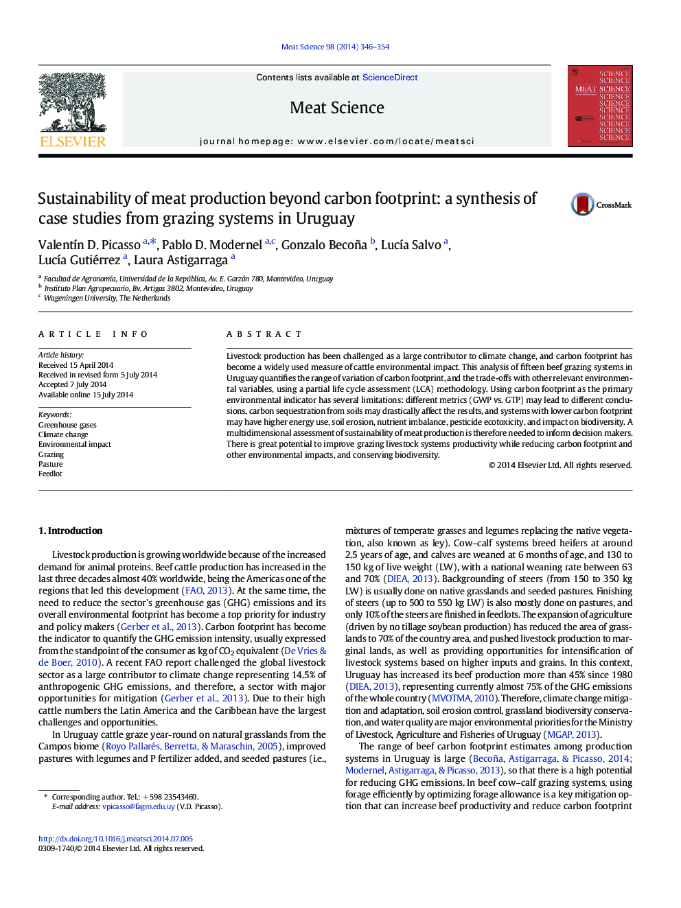 Sustainability of meat production beyond carbon footprint: a synthesis of case studies from grazing systems in Uruguay