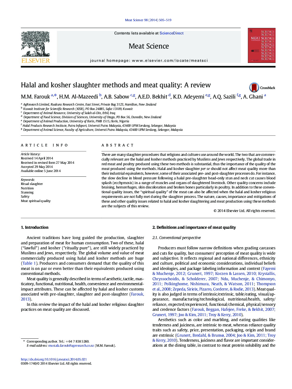 Halal and kosher slaughter methods and meat quality: A review