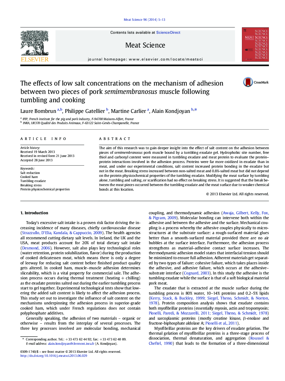 The effects of low salt concentrations on the mechanism of adhesion between two pieces of pork semimembranosus muscle following tumbling and cooking