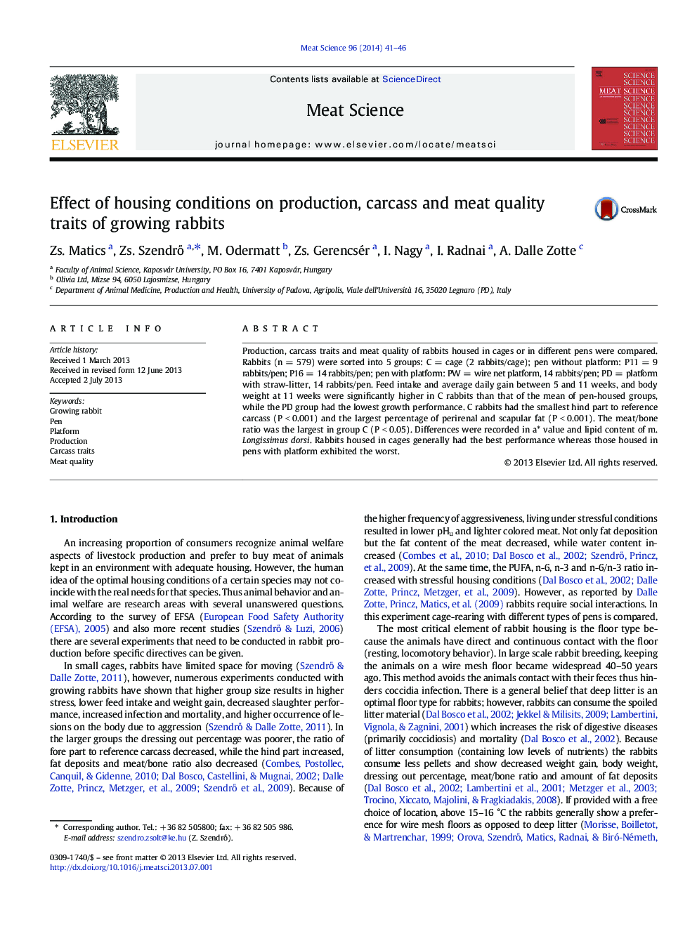 Effect of housing conditions on production, carcass and meat quality traits of growing rabbits