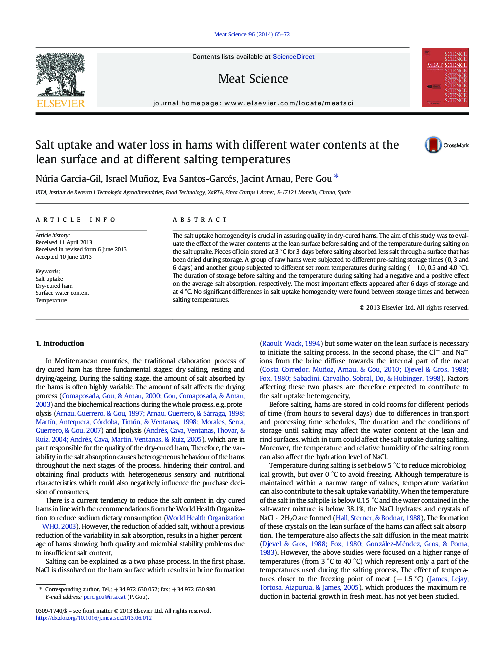 Salt uptake and water loss in hams with different water contents at the lean surface and at different salting temperatures