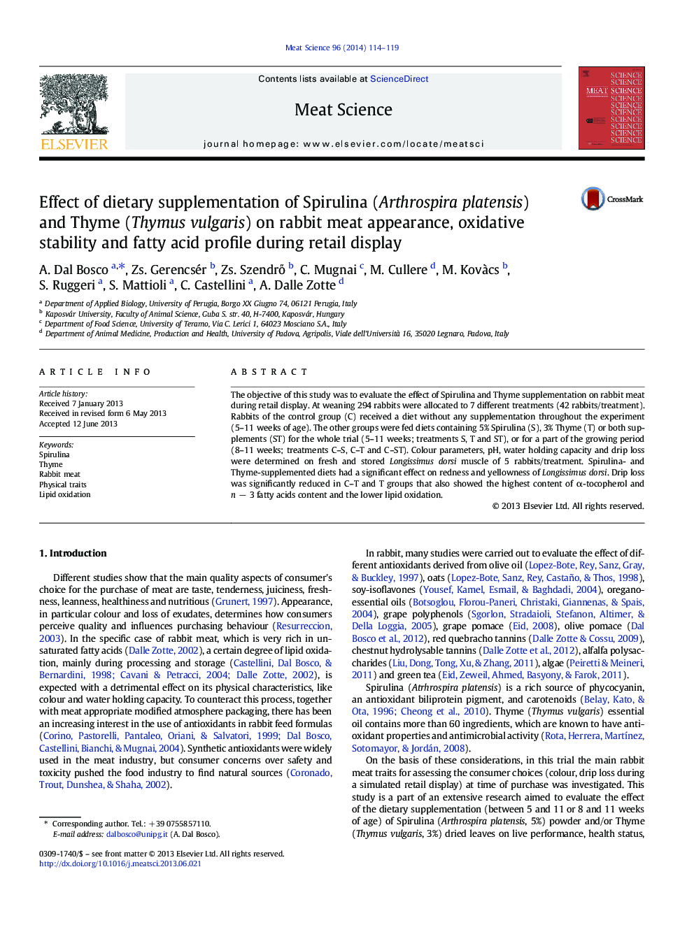 Effect of dietary supplementation of Spirulina (Arthrospira platensis) and Thyme (Thymus vulgaris) on rabbit meat appearance, oxidative stability and fatty acid profile during retail display