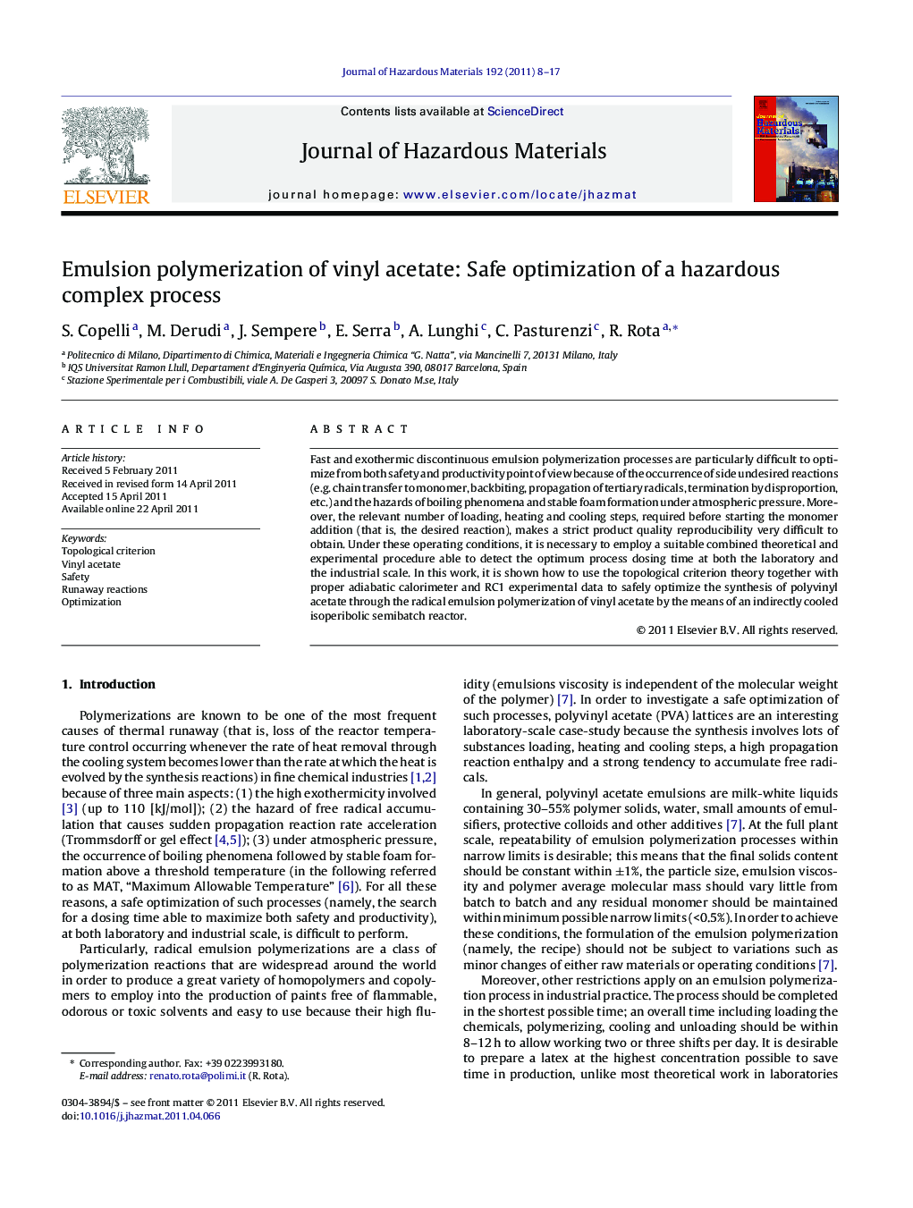 Emulsion polymerization of vinyl acetate: Safe optimization of a hazardous complex process