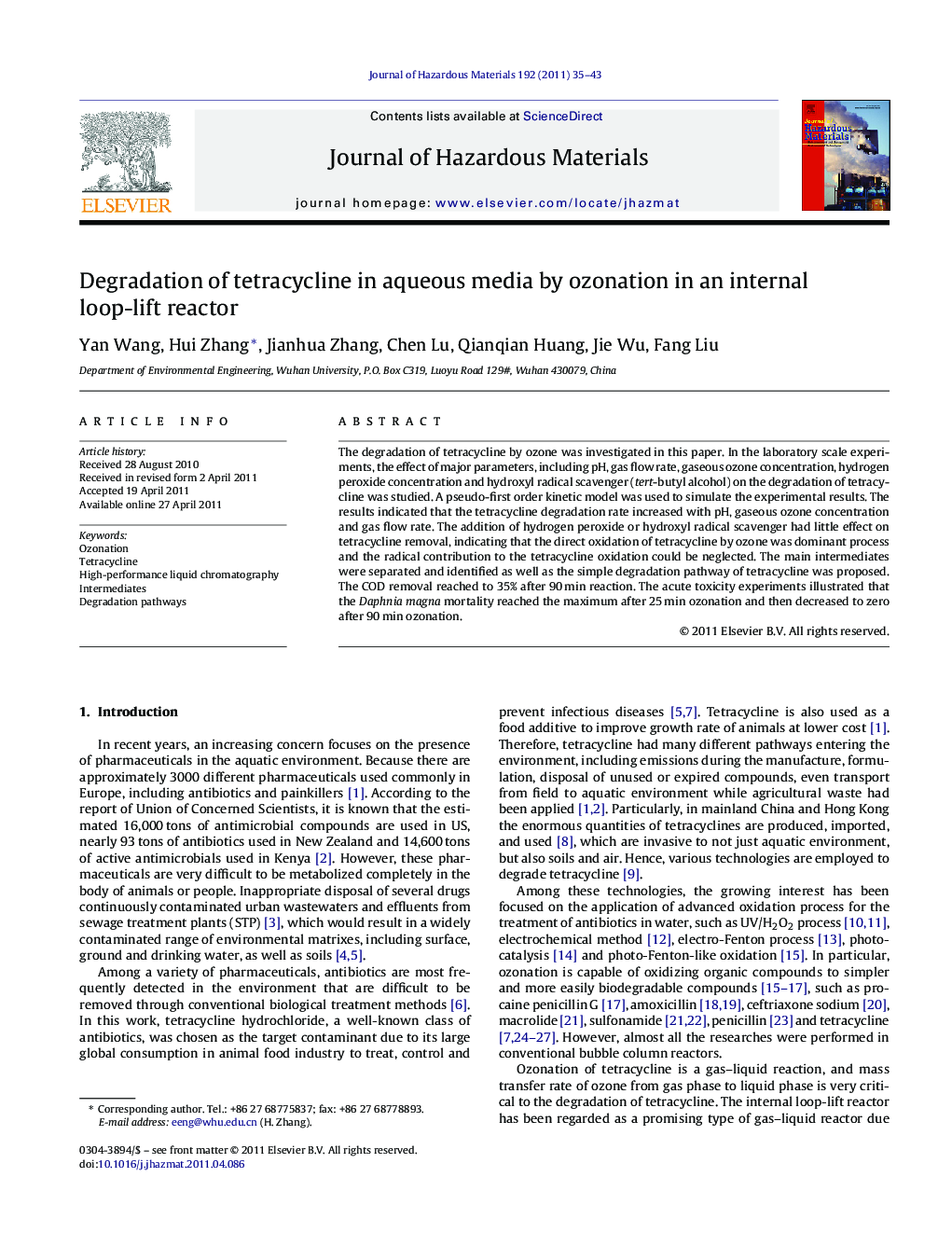 Degradation of tetracycline in aqueous media by ozonation in an internal loop-lift reactor